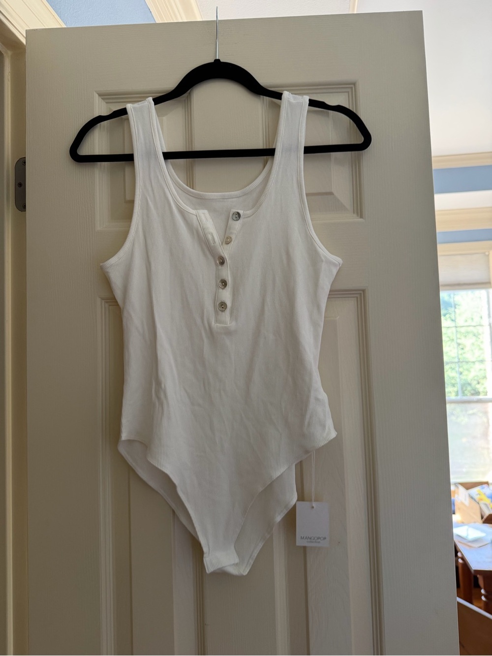 Mango White Ribbed Tank Bodysuit with Henley Placket